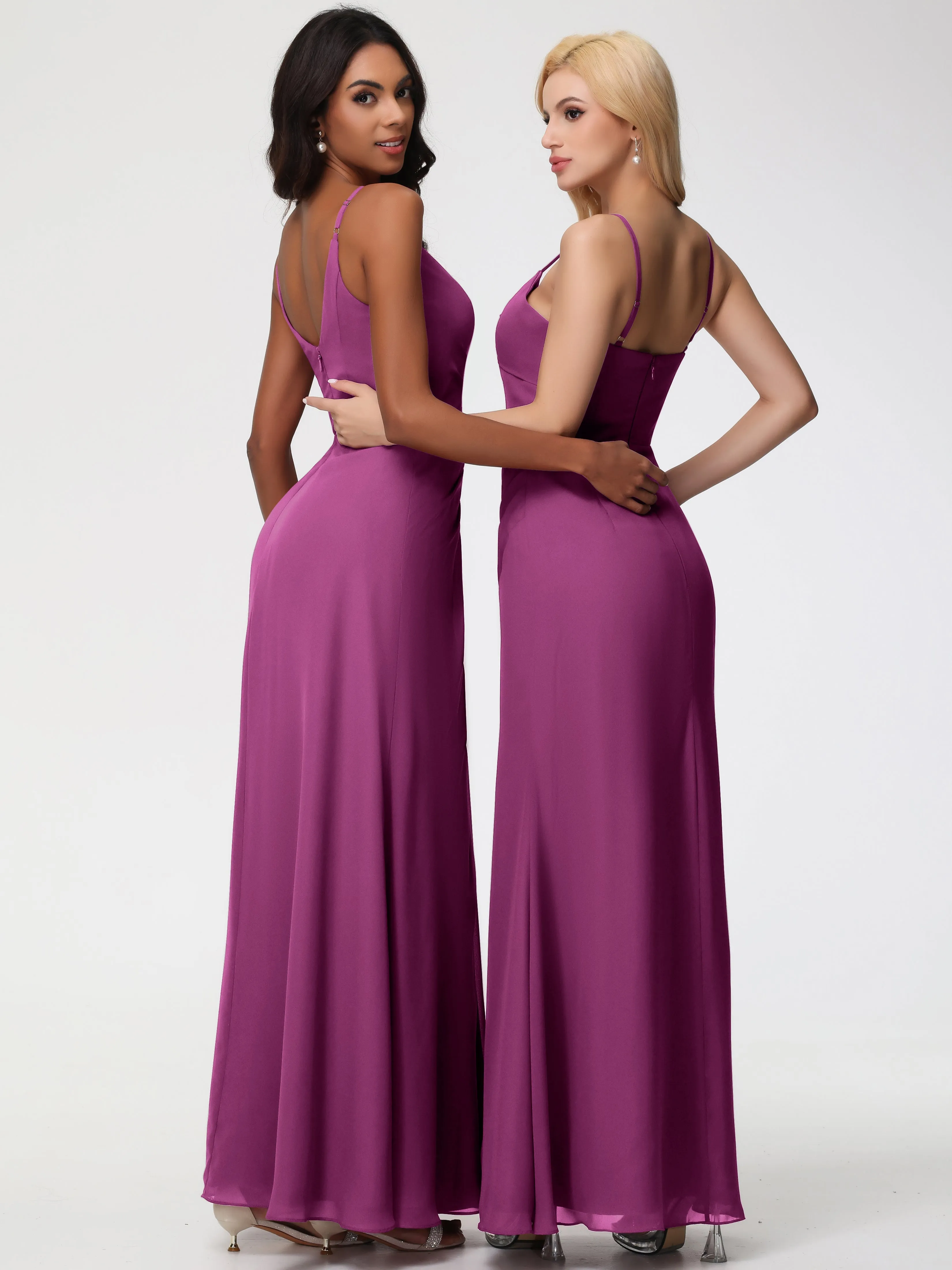 Orchid Color Bridesmaid Dresses A-Line V-Neck Spaghetti Straps Ruched Chiffon Bridesmaid Dresses With Slit