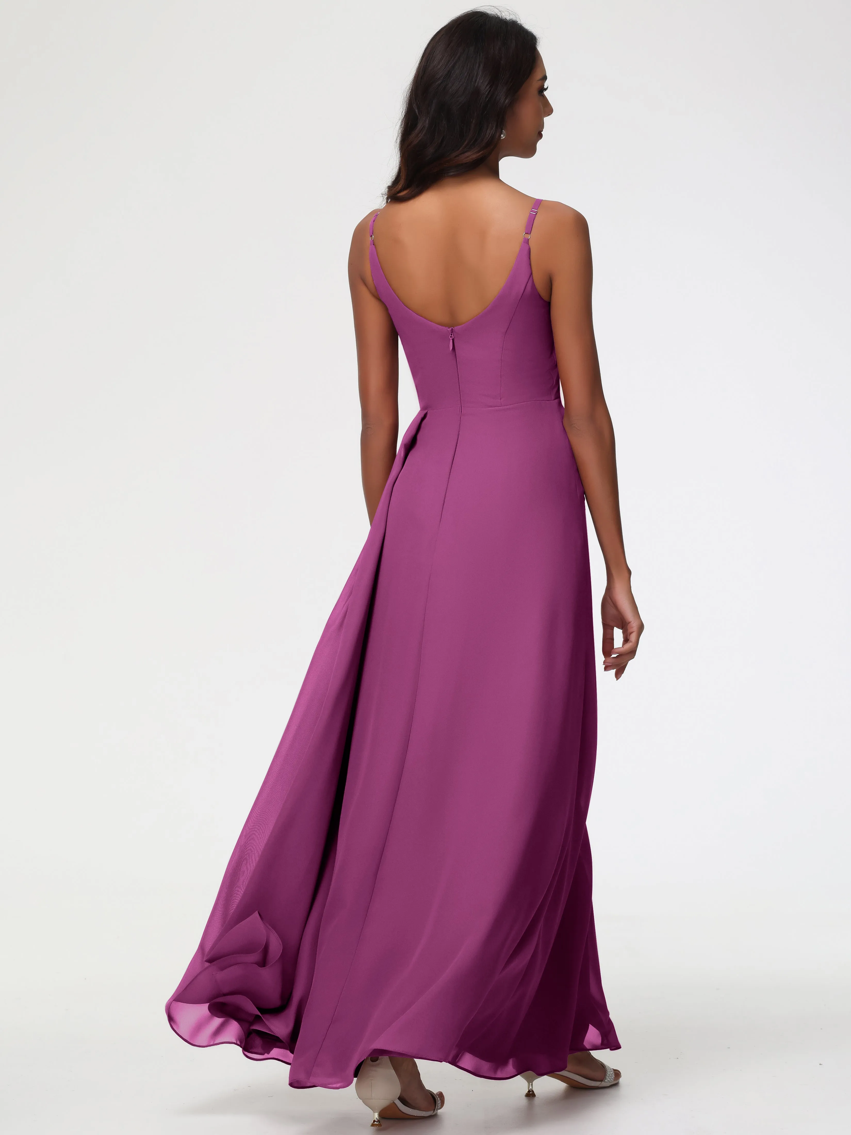 Orchid Color Bridesmaid Dresses A-Line V-Neck Spaghetti Straps Ruched Chiffon Bridesmaid Dresses With Slit