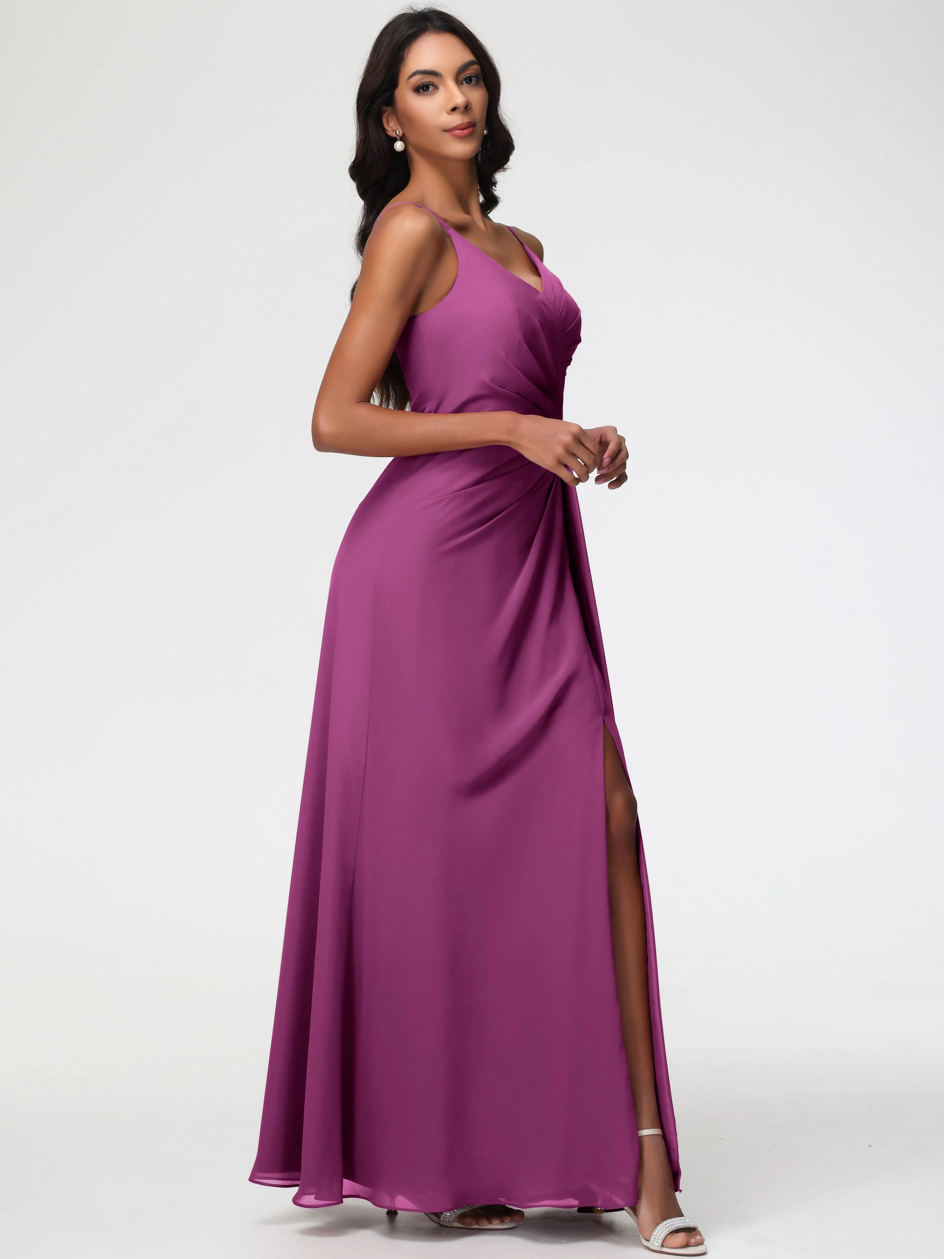 Orchid Color Bridesmaid Dresses A-Line V-Neck Spaghetti Straps Ruched Chiffon Bridesmaid Dresses With Slit