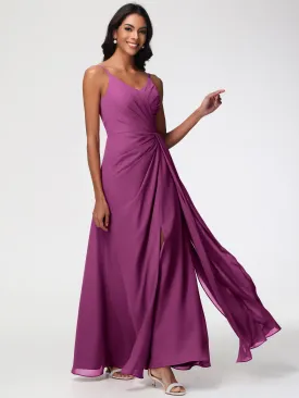 Orchid Color Bridesmaid Dresses A-Line V-Neck Spaghetti Straps Ruched Chiffon Bridesmaid Dresses With Slit