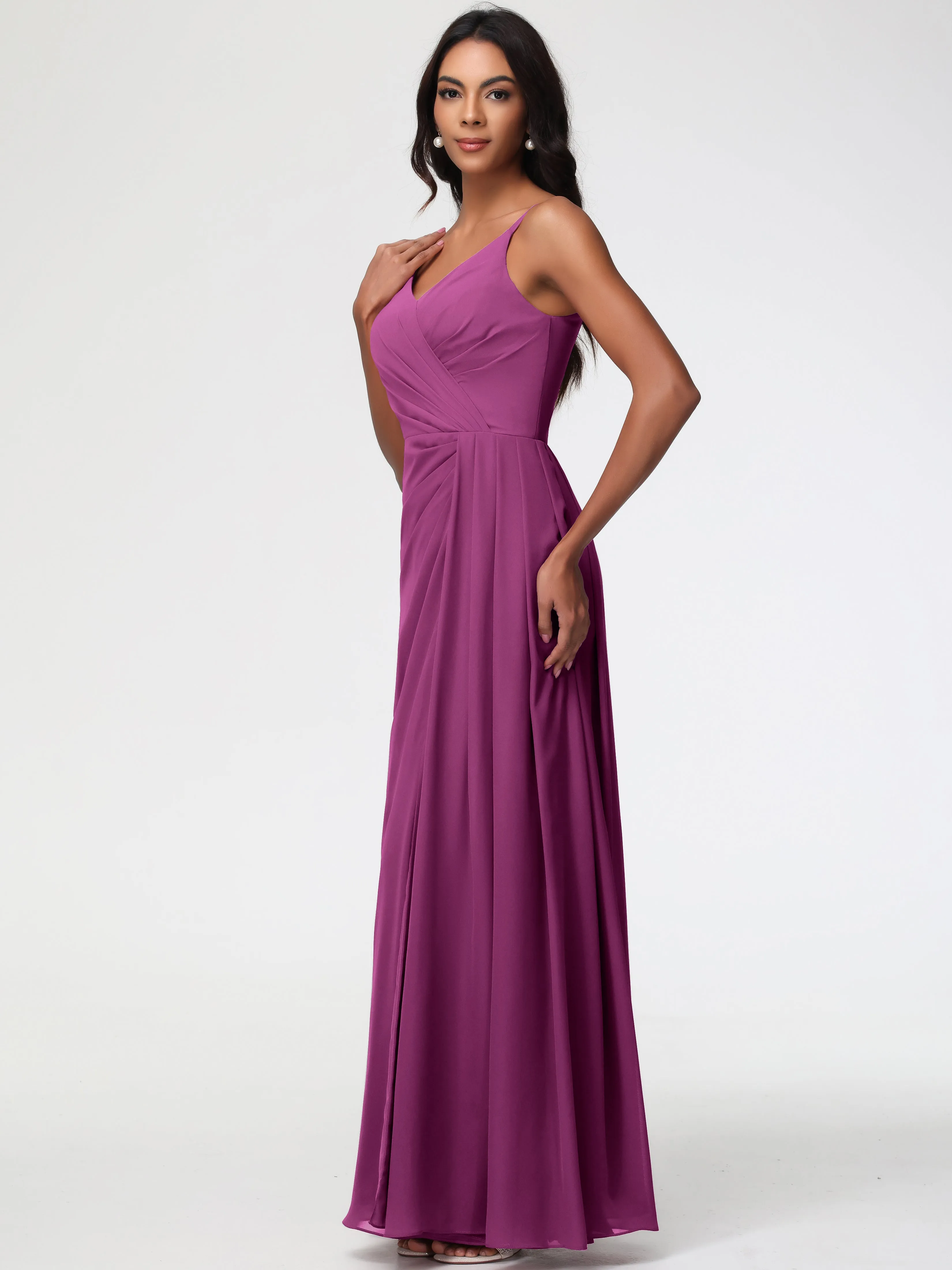 Orchid Color Bridesmaid Dresses A-Line V-Neck Spaghetti Straps Ruched Chiffon Bridesmaid Dresses With Slit