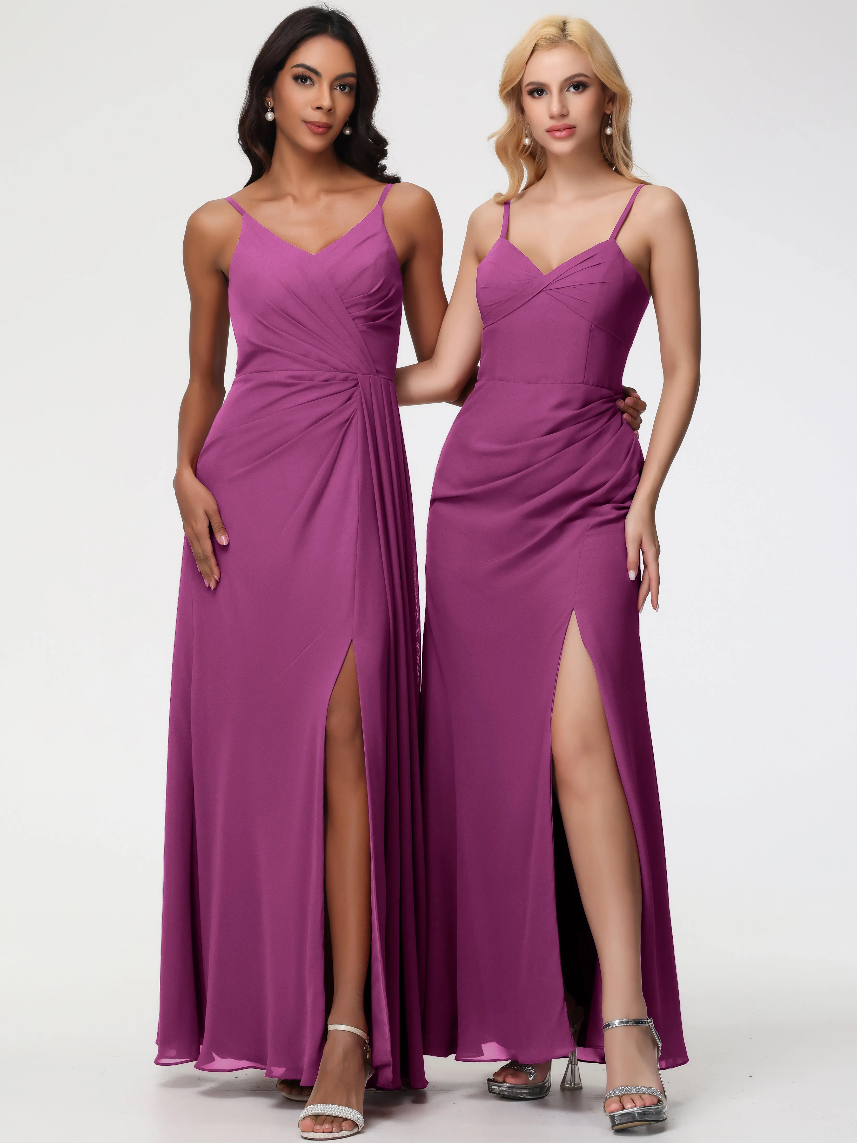 Orchid Color Bridesmaid Dresses A-Line V-Neck Spaghetti Straps Ruched Chiffon Bridesmaid Dresses With Slit