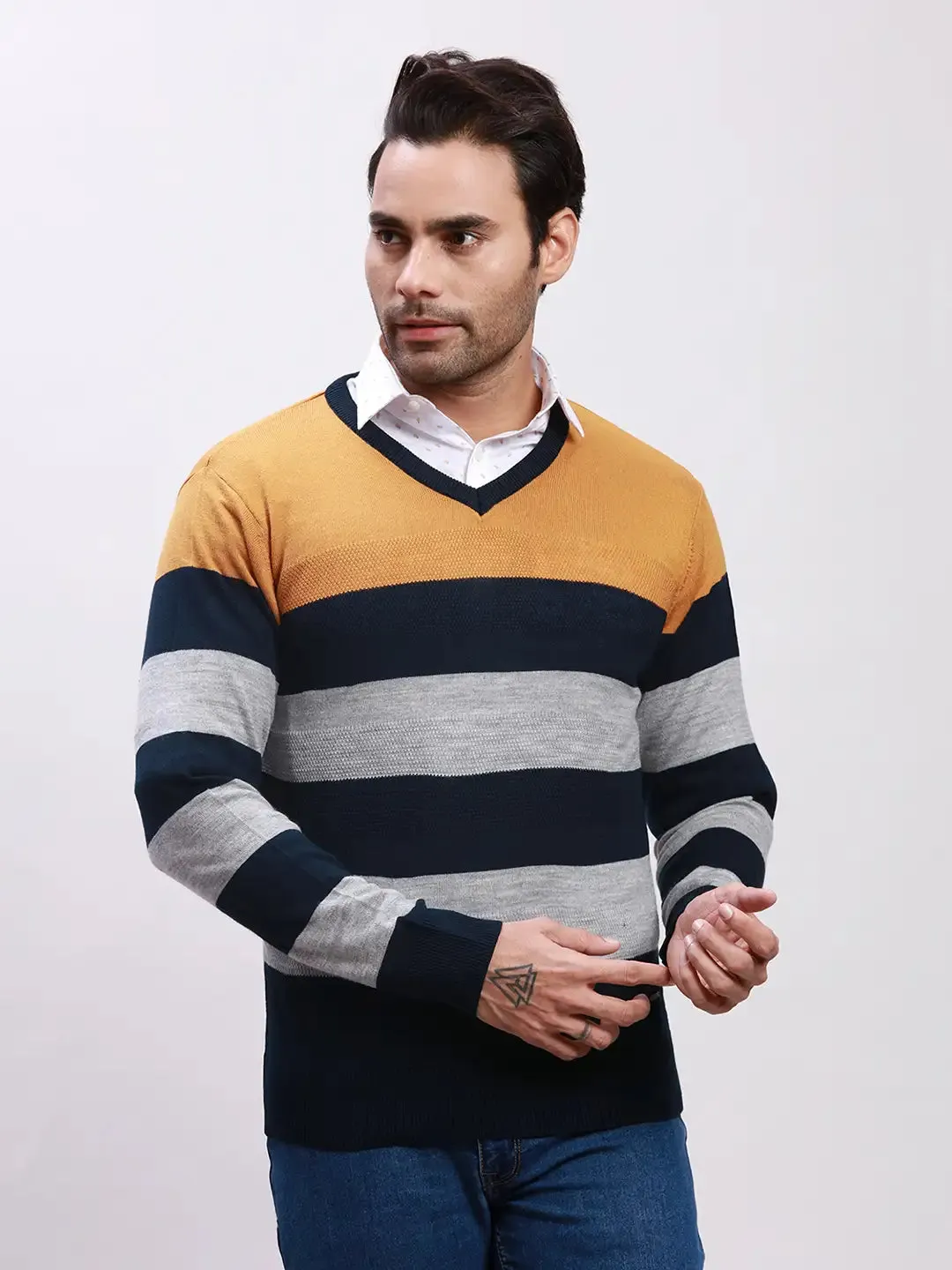 Parx Men Yellow Yarn Dyed Acrylic Full Sleeve V Neck Sweaters