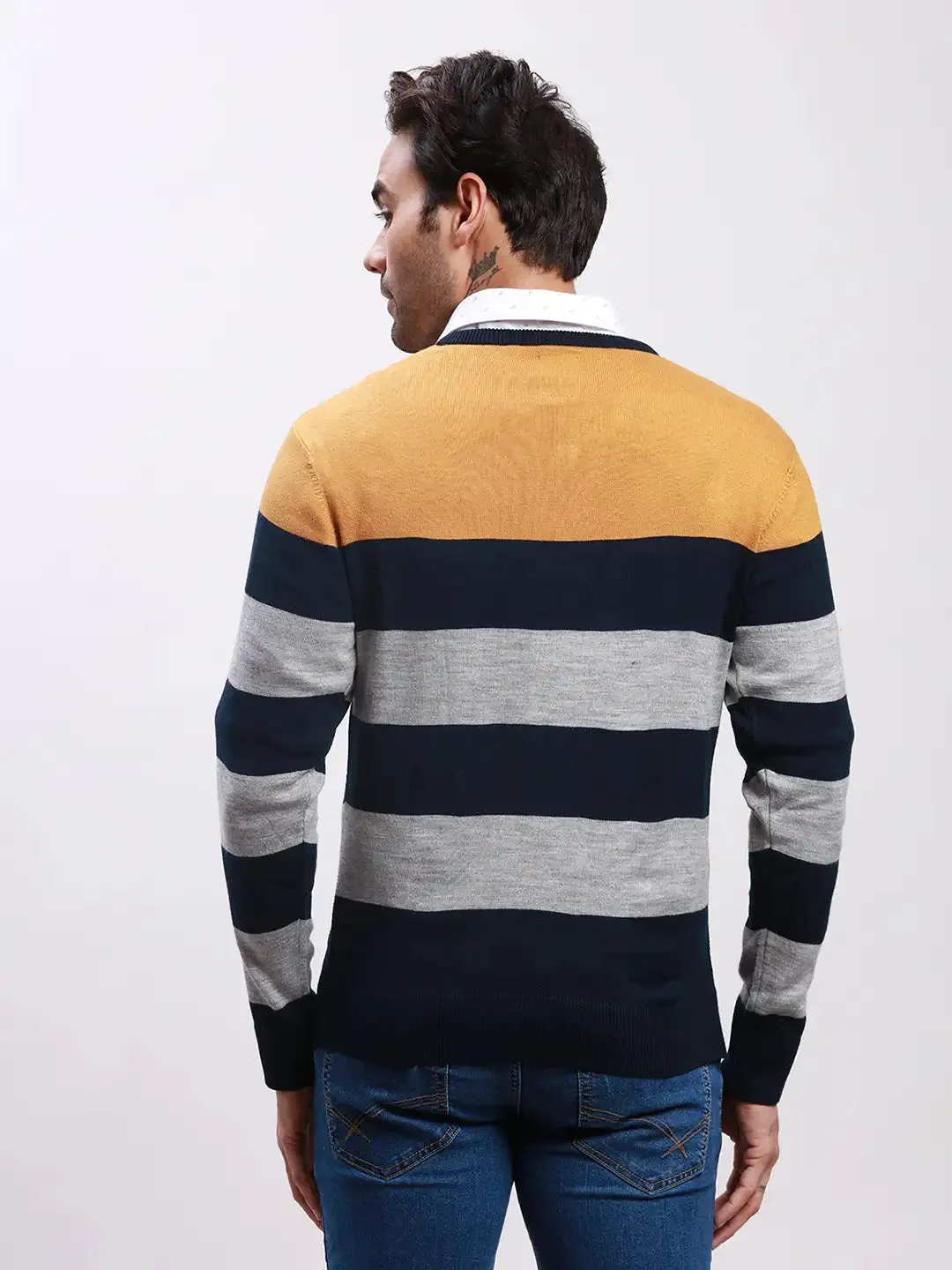 Parx Men Yellow Yarn Dyed Acrylic Full Sleeve V Neck Sweaters