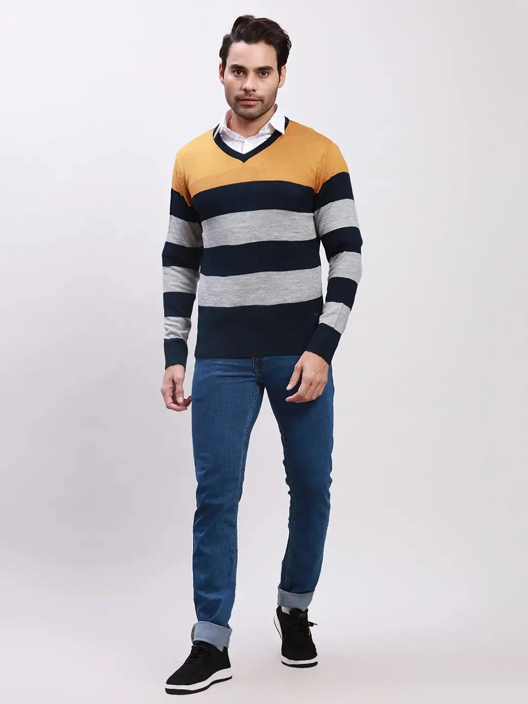 Parx Men Yellow Yarn Dyed Acrylic Full Sleeve V Neck Sweaters
