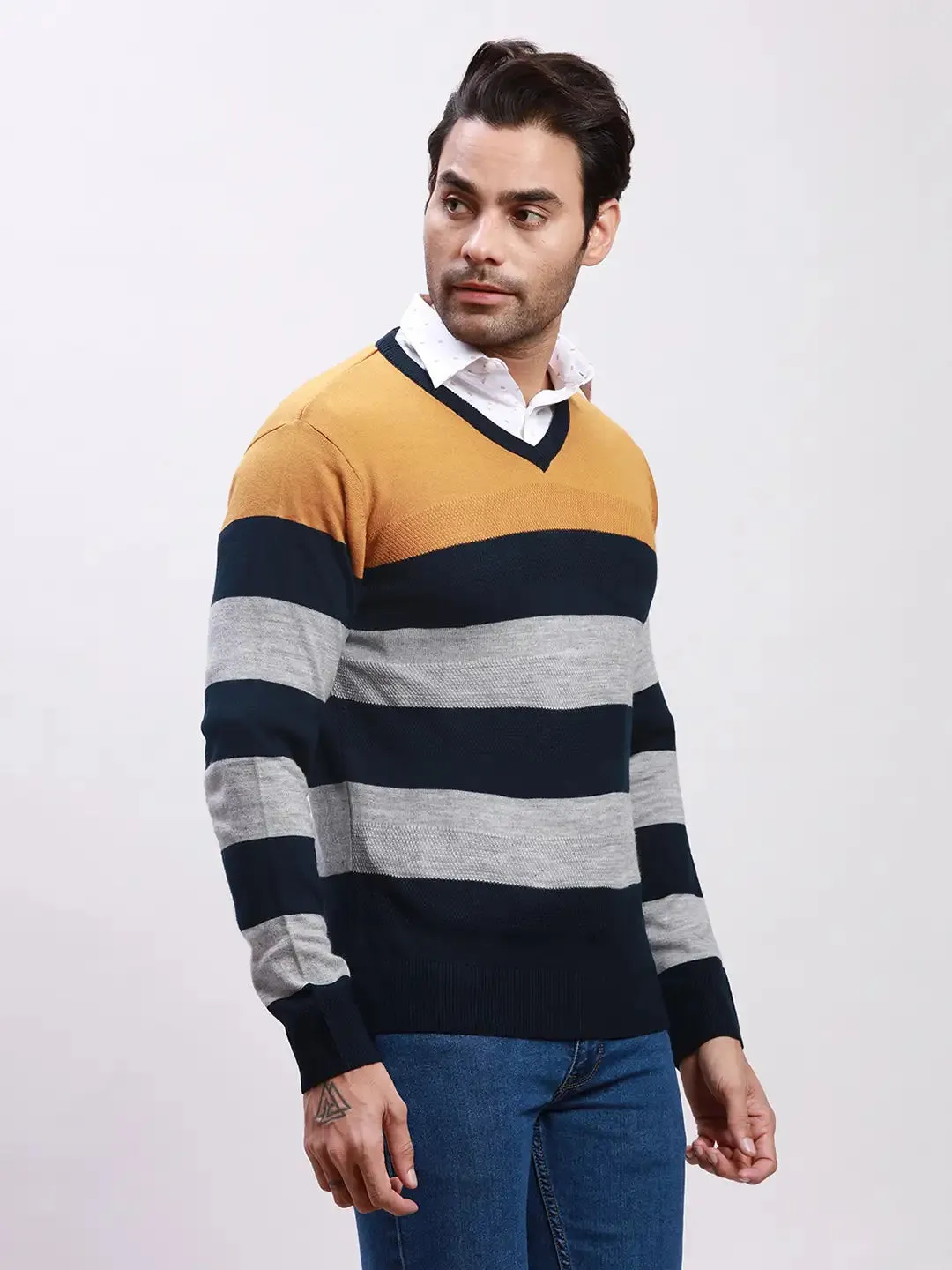 Parx Men Yellow Yarn Dyed Acrylic Full Sleeve V Neck Sweaters