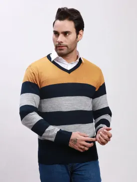 Parx Men Yellow Yarn Dyed Acrylic Full Sleeve V Neck Sweaters
