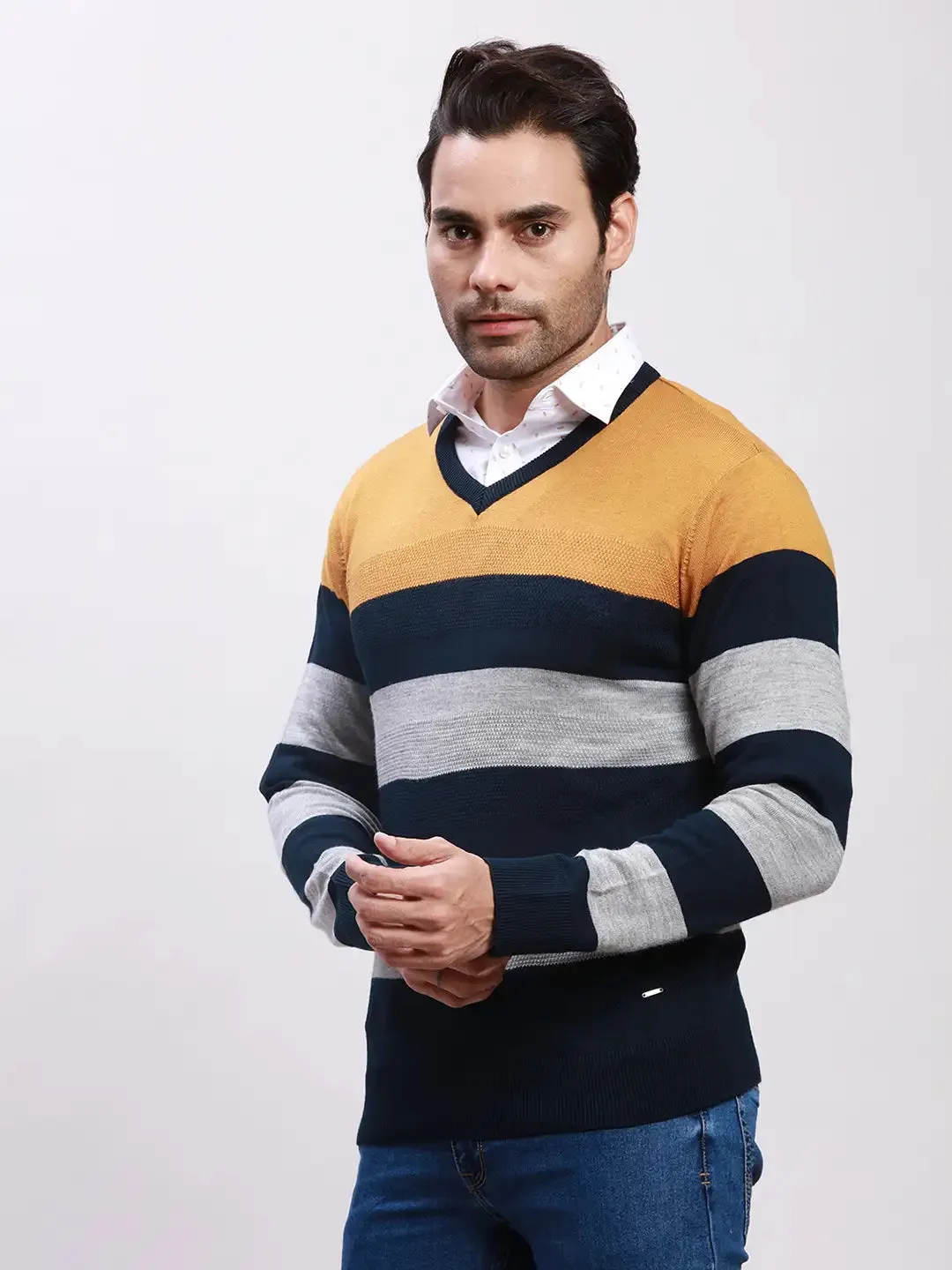 Parx Men Yellow Yarn Dyed Acrylic Full Sleeve V Neck Sweaters