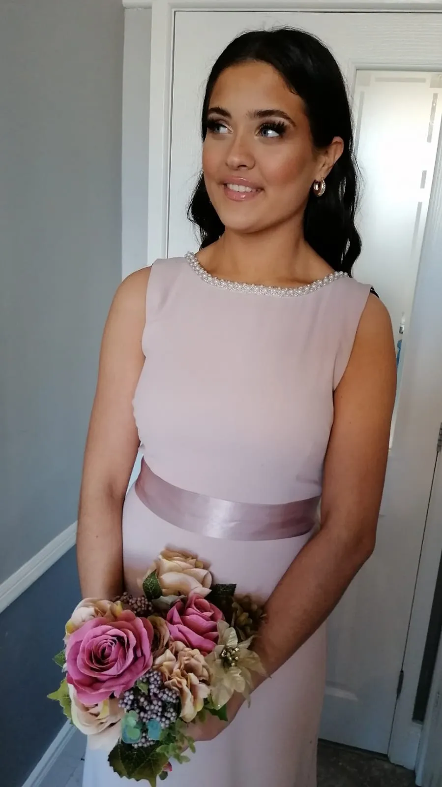 Sienna Lavender Pink Pearl Neck And Belt Plain & Elegant Bridesmaids Dress