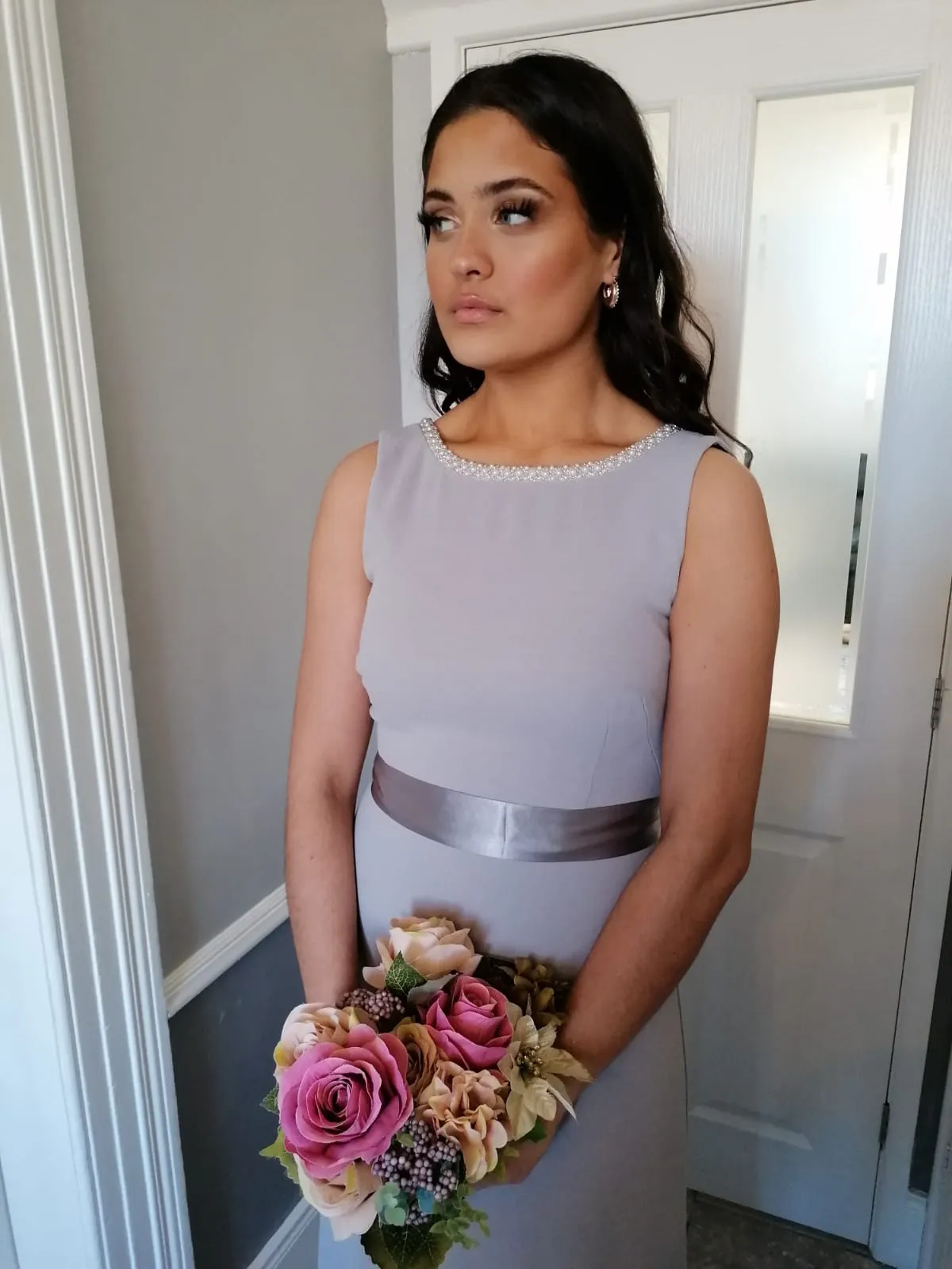 Sienna Silver Dove Grey Pearl Neck And Belt Plain & Elegant Bridesmaids Dress