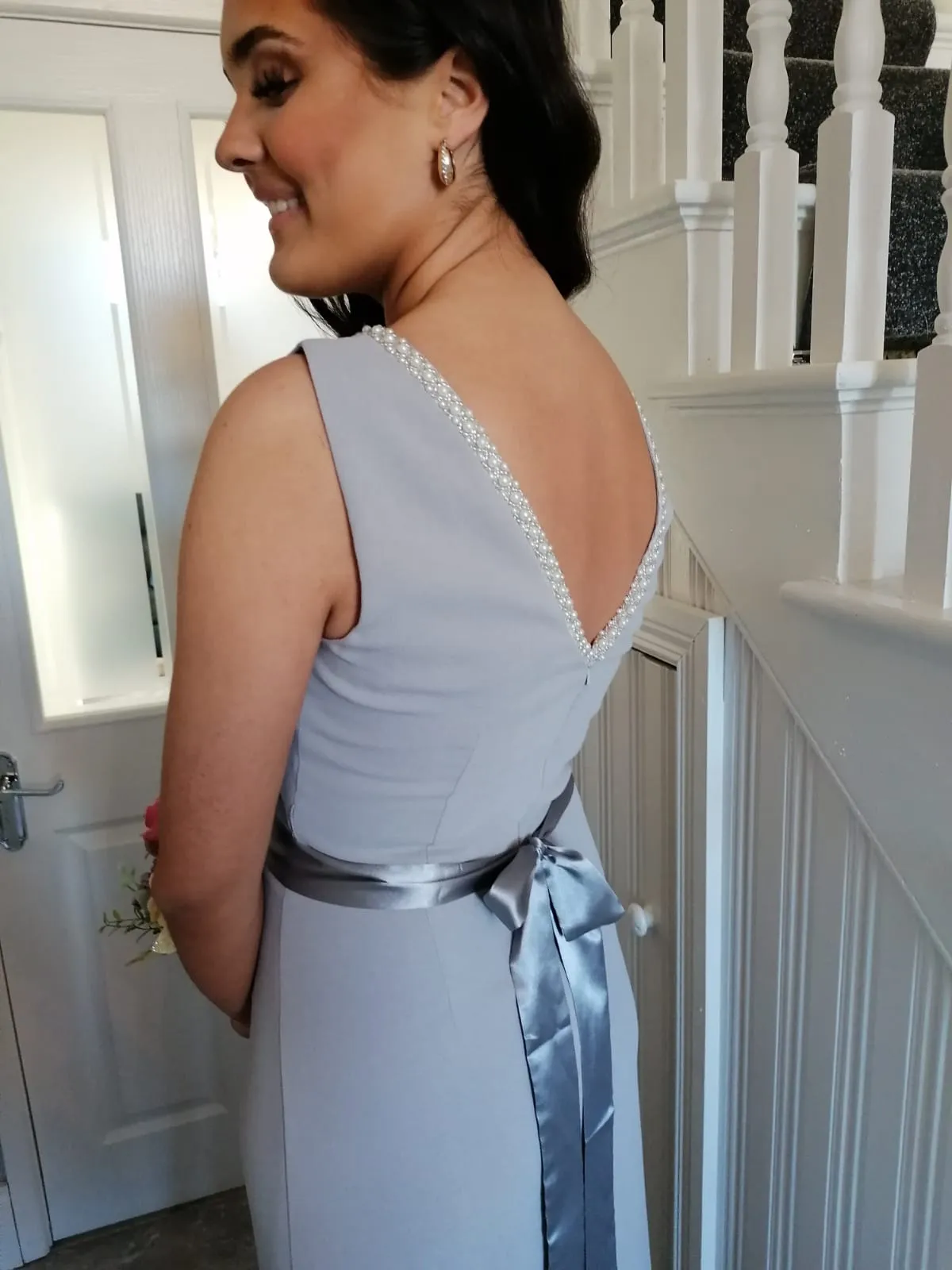 Sienna Silver Dove Grey Pearl Neck And Belt Plain & Elegant Bridesmaids Dress