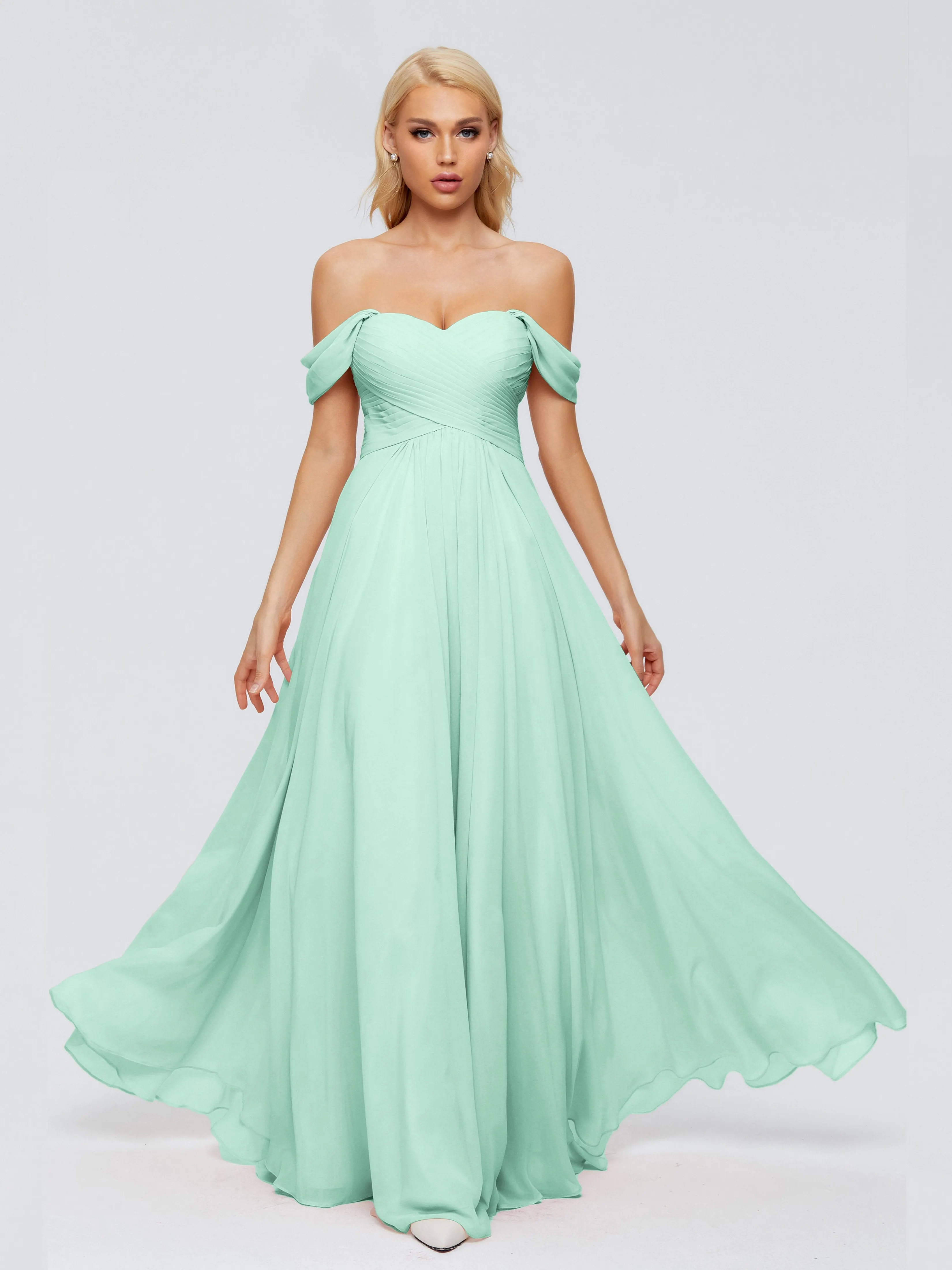 Trinity Off-The-Shoulder Chiffon Bridesmaid Dresses