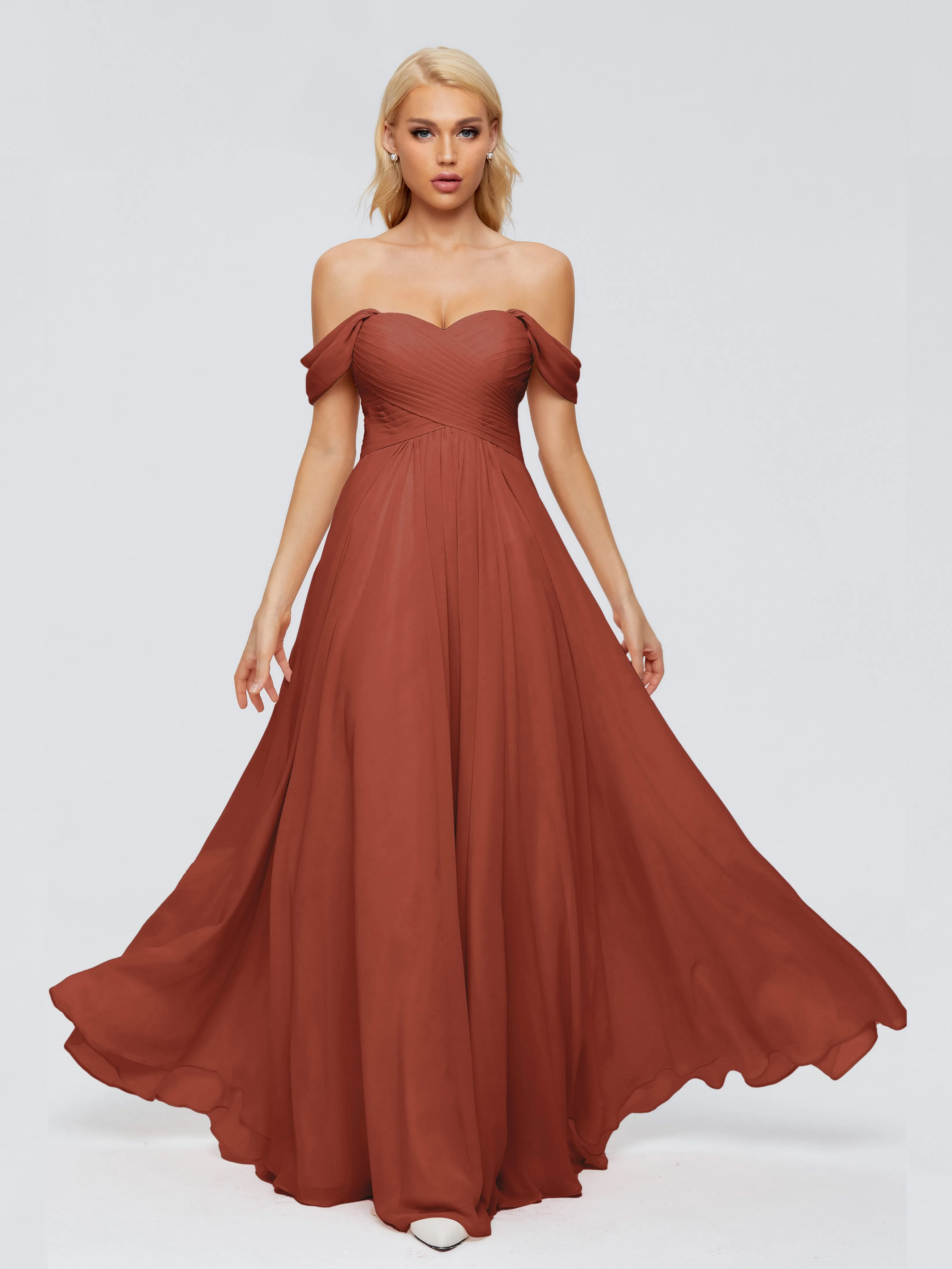 Trinity Off-The-Shoulder Chiffon Bridesmaid Dresses