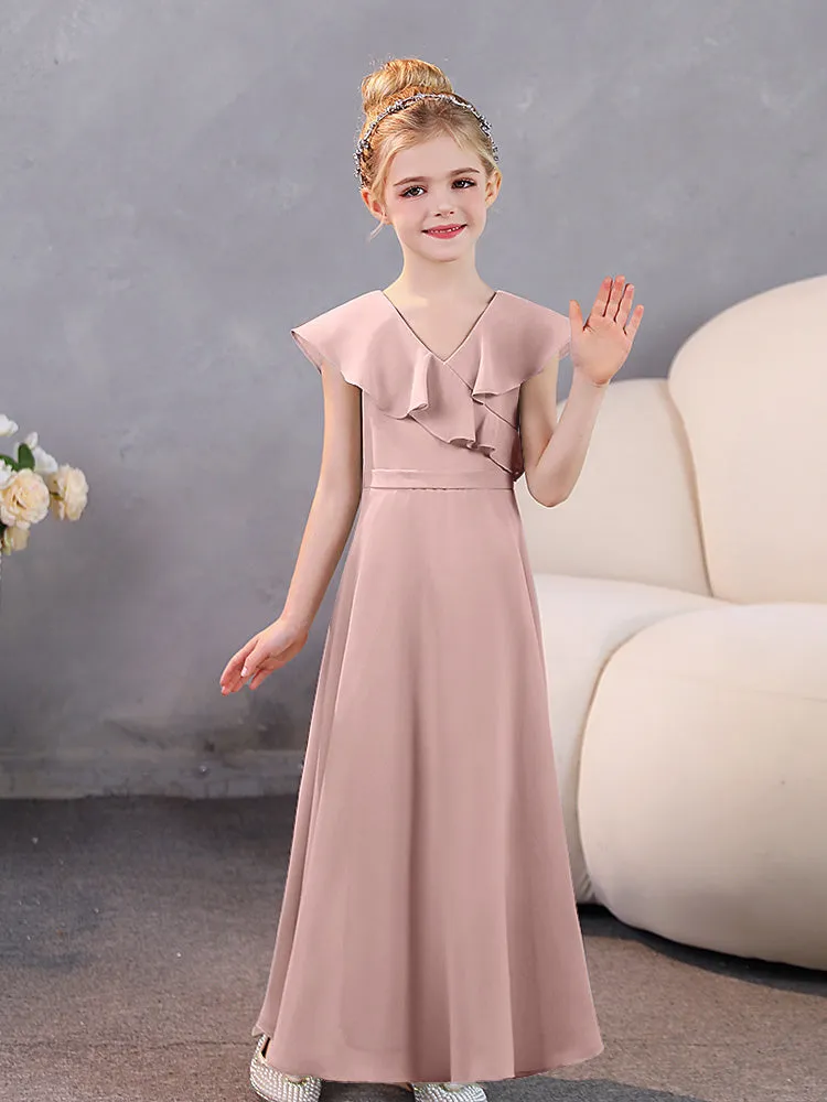 V-Neck Ruffles Chiffon Junior Bridesmaid Dresses