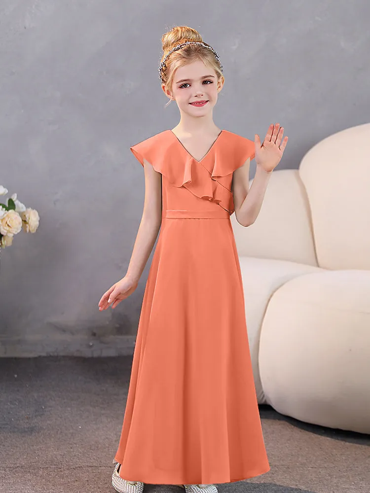V-Neck Ruffles Chiffon Junior Bridesmaid Dresses