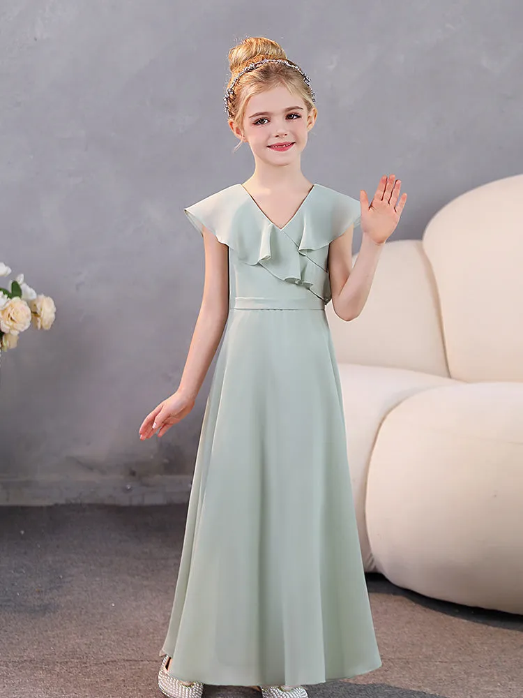 V-Neck Ruffles Chiffon Junior Bridesmaid Dresses