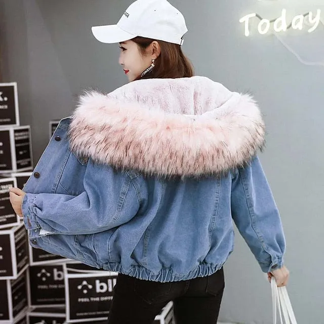 Winter/Spring Coat New Warm Winter Bomber Women Spring Autumn Hooded Coat Jeans